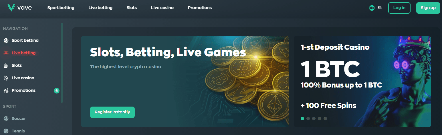 Vave Casino User Interface
